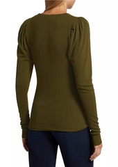 FRAME Ribbed Ruched-Sleeve Henley Sweater