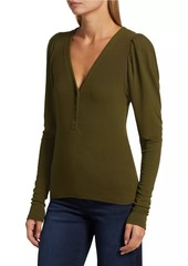 FRAME Ribbed Ruched-Sleeve Henley Sweater