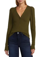 FRAME Ribbed Ruched-Sleeve Henley Sweater