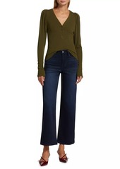 FRAME Ribbed Ruched-Sleeve Henley Sweater