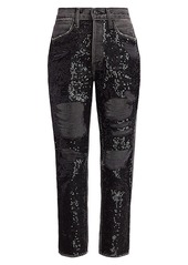 FRAME Sequin Distressed High-Rise Straight-Leg Jeans