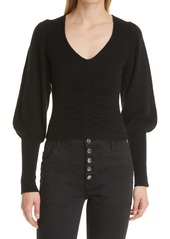 FRAME Shirred Recycled Cashmere & Wool Crop Sweater in Noir at Nordstrom