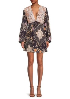 Free People Descanso Floral Plunging Neckline Mini Dress