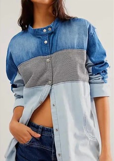 Free People Moto Color Block Shirt In Blue Combo