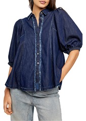 Free People Suhrie Puff Sleeve Denim Button-Up Shirt in Dark Rinse Combo at Nordstrom