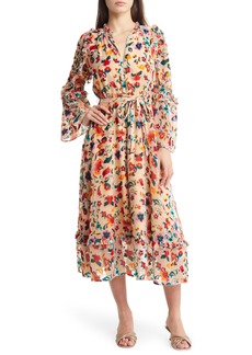 French Connection Avery Burnout Tie Waist Long Sleeve Maxi Dress in 90-Toasted Almond at Nordstrom Rack