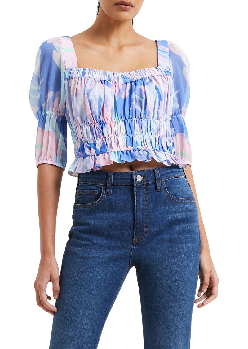 French Connection Dalla Verona Hallie Watercolor Print Shirred Square Neck Top in Baja Blue at Nordstrom Rack