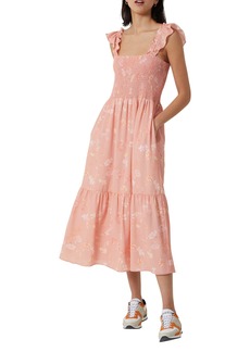 French Connection Diana Verona Drape Frill Midi Dress in Coral Pink Multi at Nordstrom