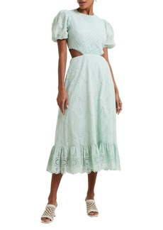 French Connection Esse Eyelet Embroidered Cutout Cotton Dress in 40-Aqua Foam at Nordstrom Rack