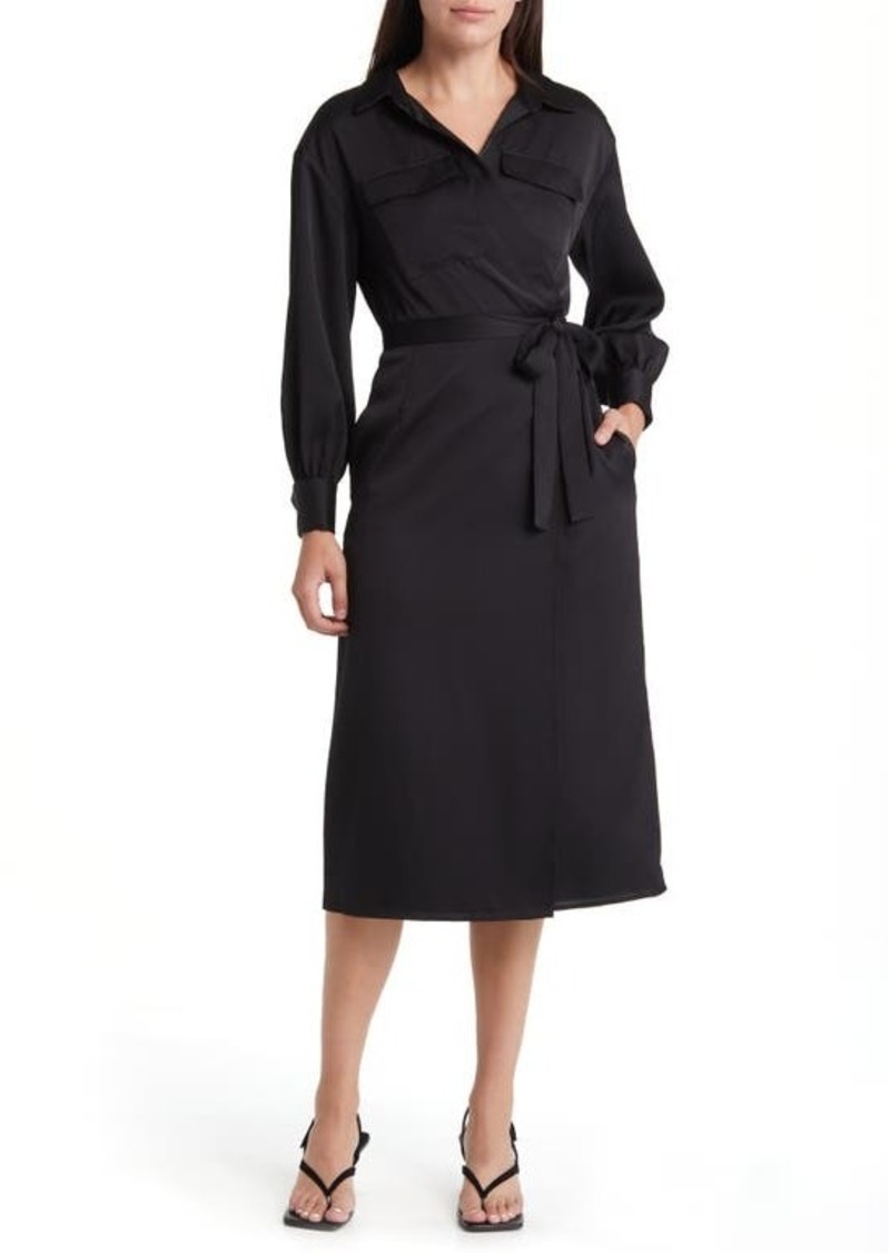 French Connection Harlow Long Sleeve Satin Midi Wrap Dress