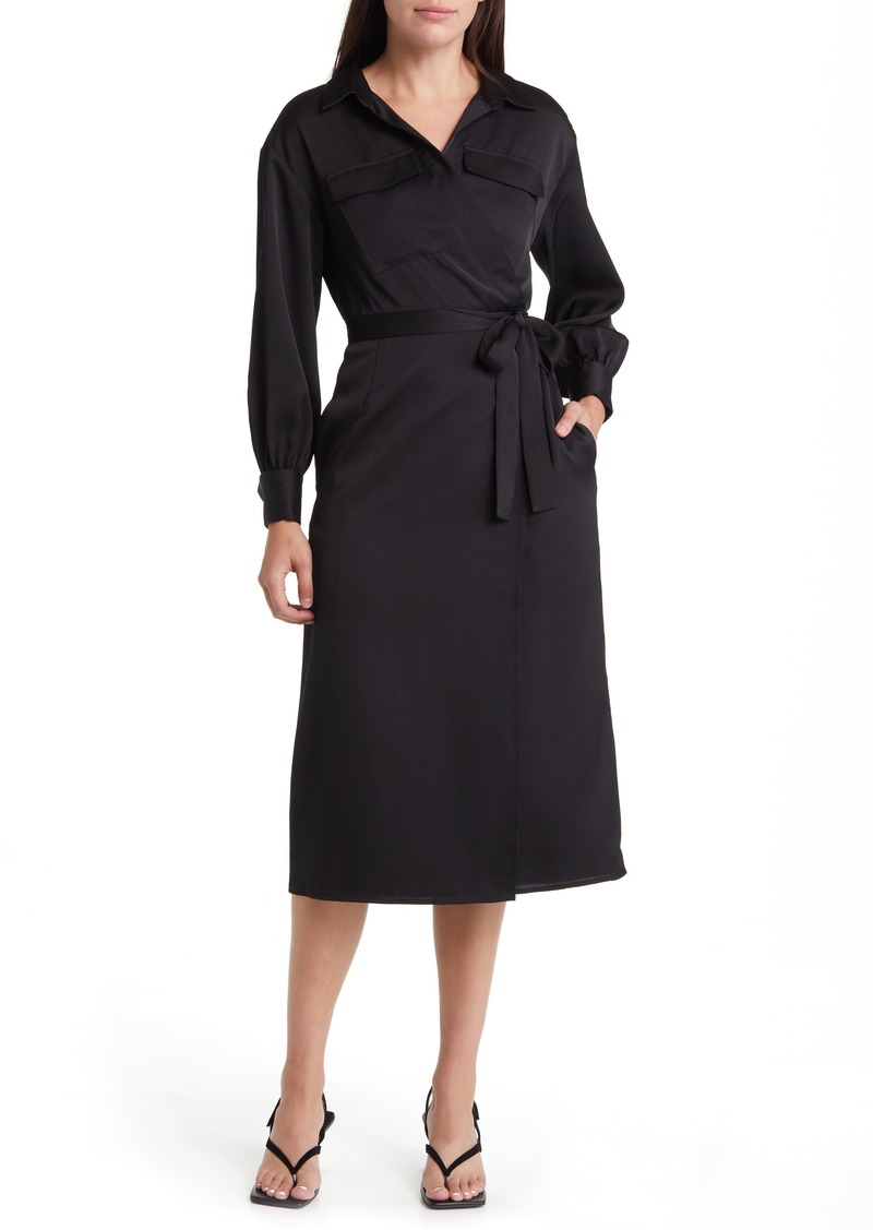 French Connection Harlow Long Sleeve Satin Midi Wrap Dress in 01-Blackout at Nordstrom Rack
