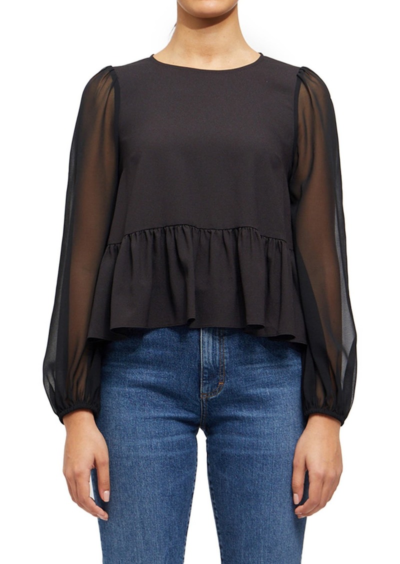 French Connection Light Long Sleeve Crepe Georgette Peplum Blouse in 01-Black at Nordstrom Rack