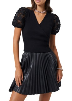 French Connection Lucille Floral Lace Puff Sleeve Sweater in Blackout/Blackout at Nordstrom Rack
