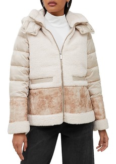 French Connection Mixed Media Faux Shearling & Faux Leather Hooded Zip Jacket