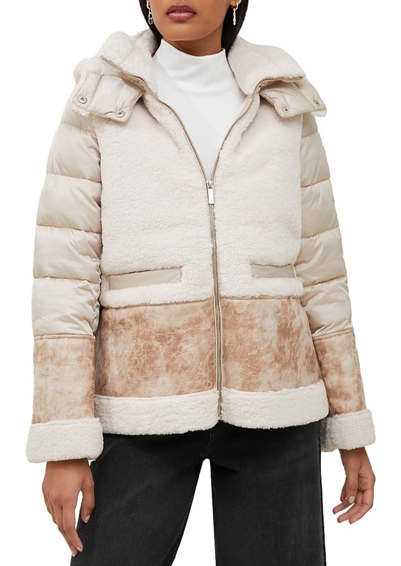French Connection Mixed Media Faux Shearling & Faux Leather Hooded Zip Jacket
