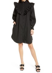 French Connection Rhodes Ruffle Yoke Long Sleeve Cotton Shirtdress in Black at Nordstrom