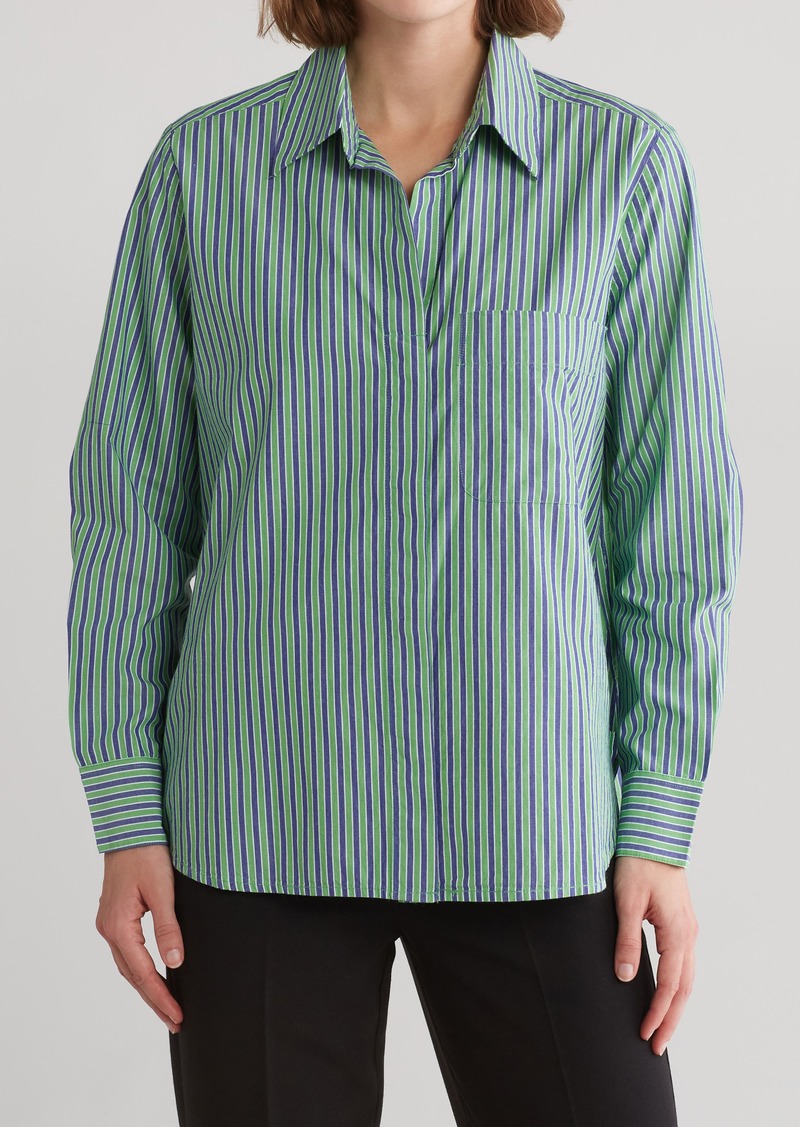 French Connection Stripe Cotton Poplin Button-Up Boyfriend Shirt in Green Blue- White Stripe at Nordstrom Rack