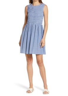 French Connection Stripe Smocked Dress in Blue/White at Nordstrom