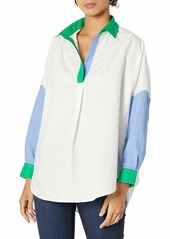 French Connection Women's cesises Color Block Rhodes Popover Shirt Summer White-Bay Blue-Palm Green L