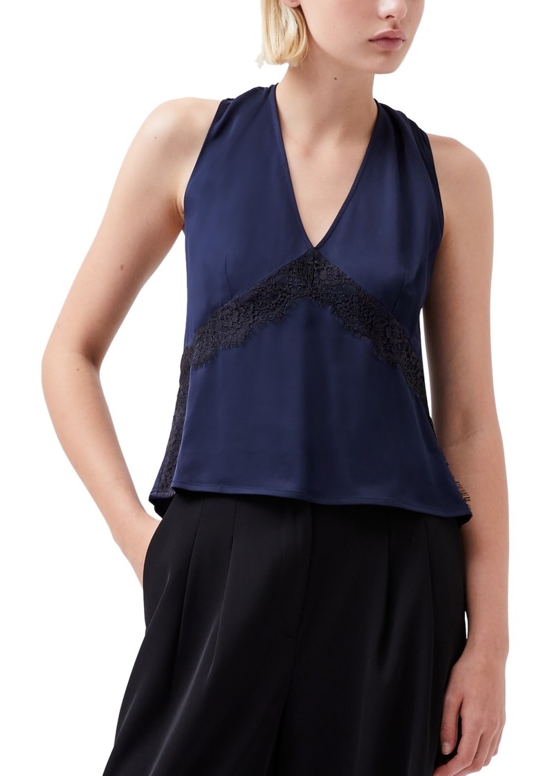 French Connection Women's Ennis Satin Lace-Trim Top - Marine/Black