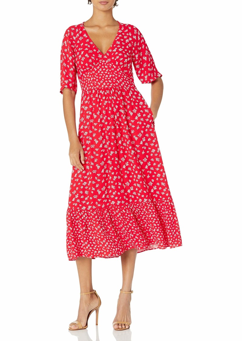 French Connection Women's FAYOLA Drape MIDI Tea Dress Fiery RED Multi