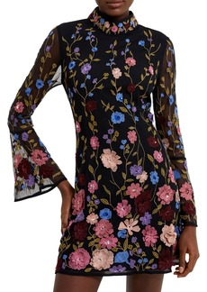 French Connection Women's Floral Embroidered Bell-Sleeve Mesh Sheath Dress - Black Multi