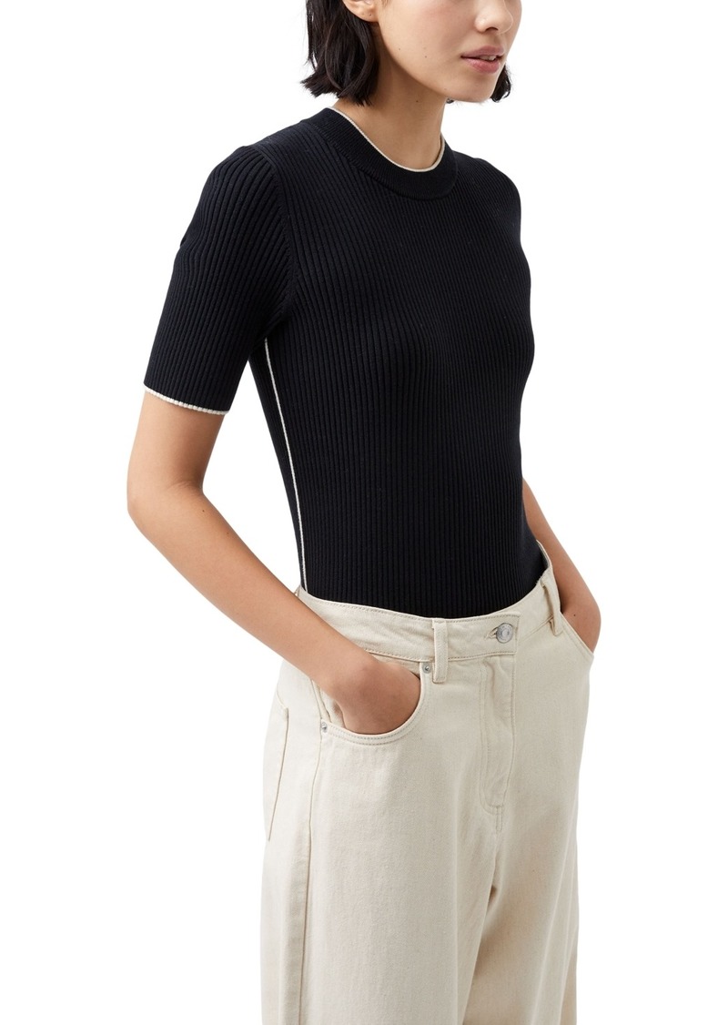 French Connection Women's Mozza Short-Sleeve Contrast-Trim Cotton Sweater Top - Blackout