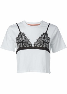 French Connection Women Short Sleeves Graphic Crop Top Linen White/Black L