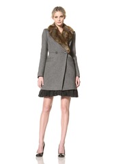 French Connection Women's Tweed Coat with Faux Fur Collar