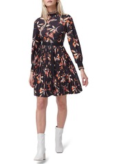 French Connection Floral Pleated Long Sleeve Dress in Black/Persimmon Orange at Nordstrom