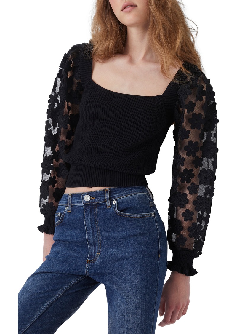 French Connection Juri Mozard Caballo Lace Sleeve Cotton Sweater in Black at Nordstrom Rack