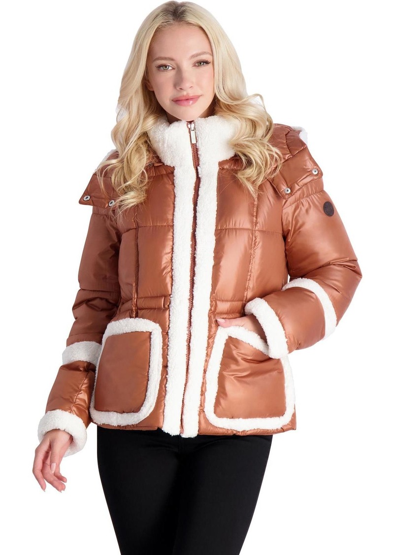 French Connection Womens Sherpa Trimmed Quilted Puffer Jacket