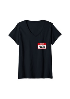 Womens Hello My Name Is Freya Name Freya Personalized V-Neck T-Shirt