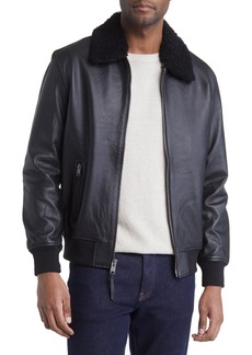 Frye Leather Bomber Jacket with Removable Faux Shearling Collar in Black at Nordstrom Rack