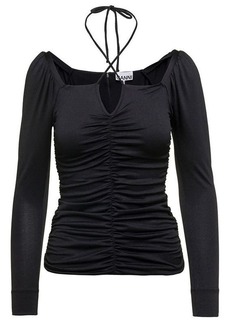Ganni Black Blouse with Criss-Cross Straps and Long Sleeves in Recycled Fabric Woman
