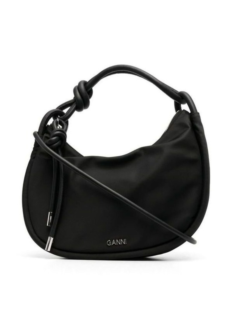 Ganni Black Knotted Top-Handle Bag with Logo in Polyester Woman
