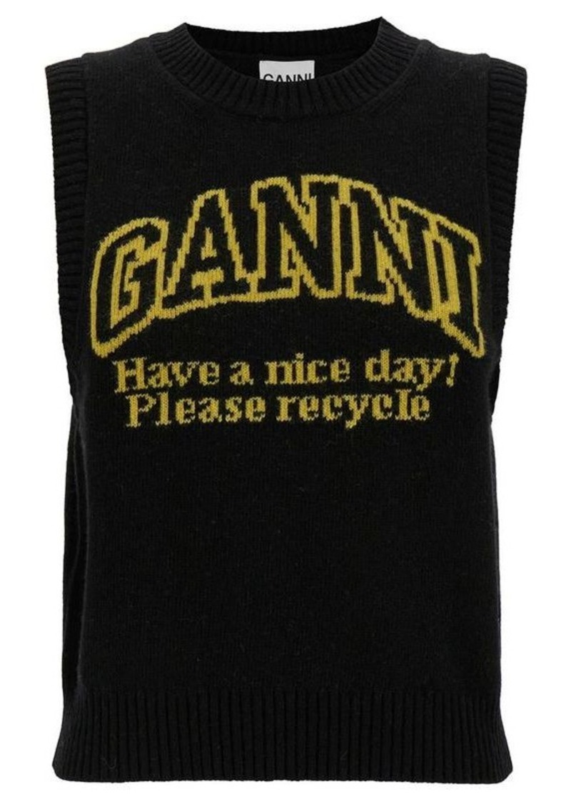 Ganni Black Sleeveless Vest with Contrasting Logo in Wool Blend Woman