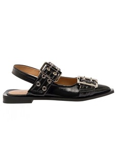 Ganni Black Slingback Ballet Flats with Chunky Buckle in Recycled Polyester Blend Woman