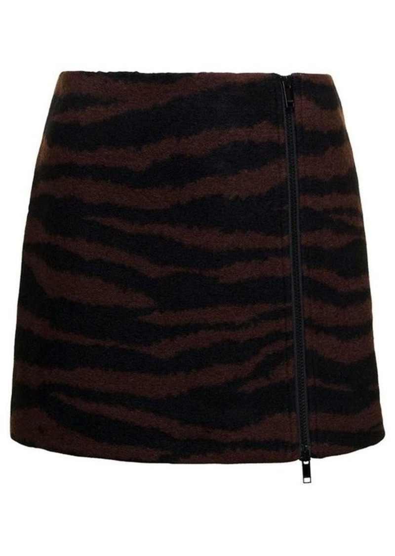Ganni Brown and Black Mini-Skirt with Zip and Zebra Print in Wool Woman