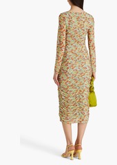 GANNI - Ruched floral-print stretch-mesh midi dress - Green - DE 32