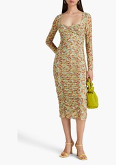 GANNI - Ruched floral-print stretch-mesh midi dress - Green - DE 32