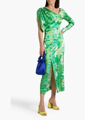 GANNI - Asymmetric tie-dyed stretch-silk satin midi dress - Green - DE 32