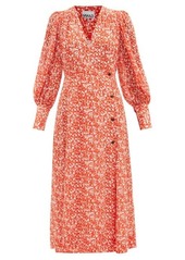 Ganni - Balloon-sleeve Floral-print Crepe Midi Dress - Womens - Orange Multi