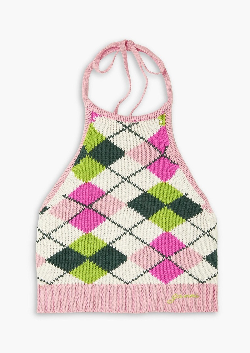 GANNI - Cropped argyle cotton halterneck top - Pink - XXS