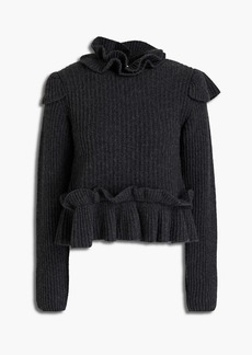 GANNI - Cutout ruffled ribbed wool-blend sweater - Gray - XXS