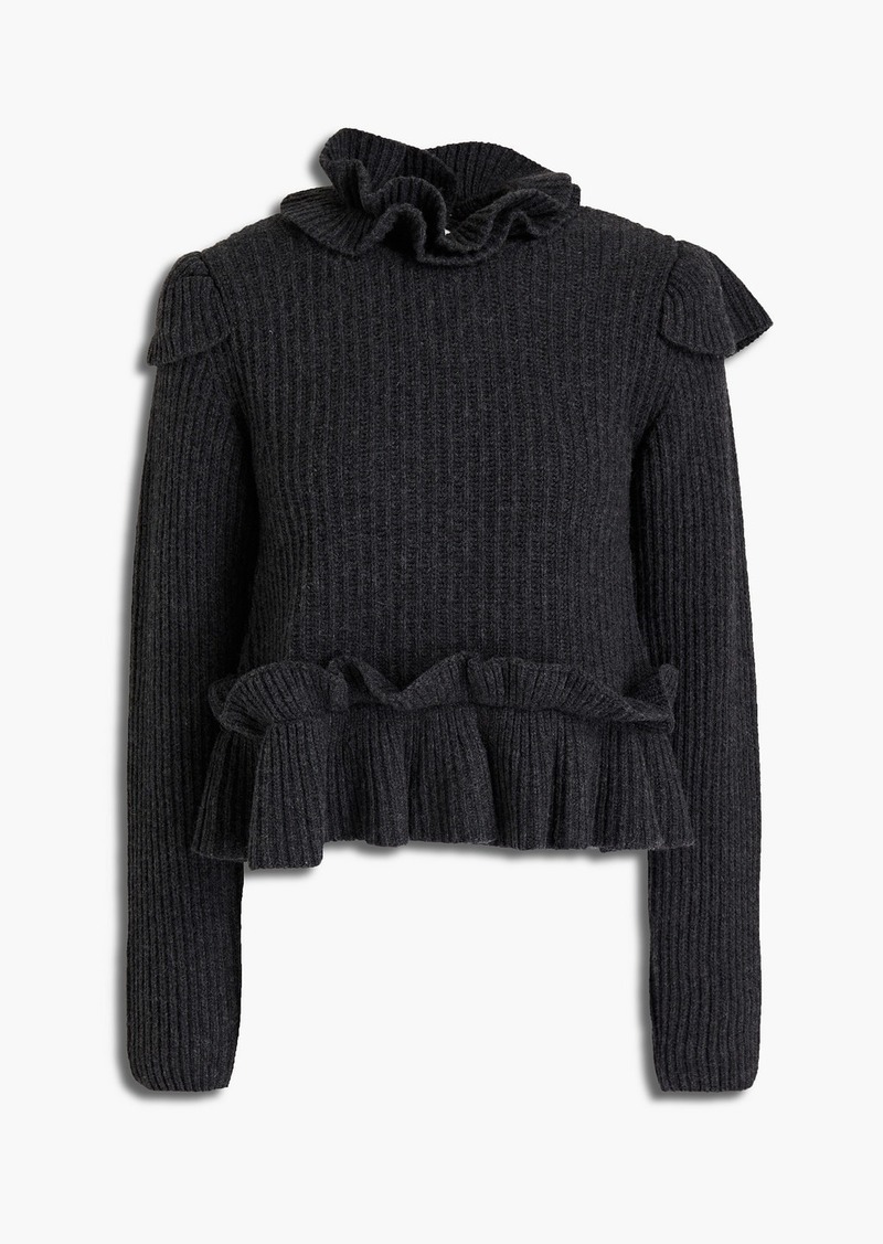 GANNI - Cutout ruffled ribbed wool-blend sweater - Gray - XL
