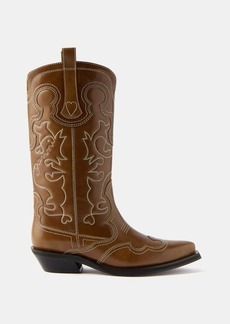 Ganni - Embroidered Leather Cowboy Boots - Womens - Brown