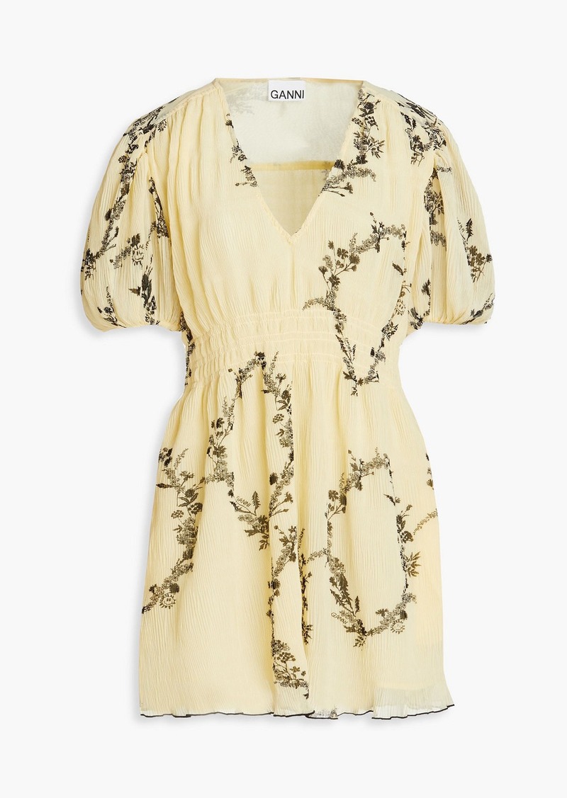 GANNI - Floral-print plissé-georgette mini dress - Yellow - DE 42