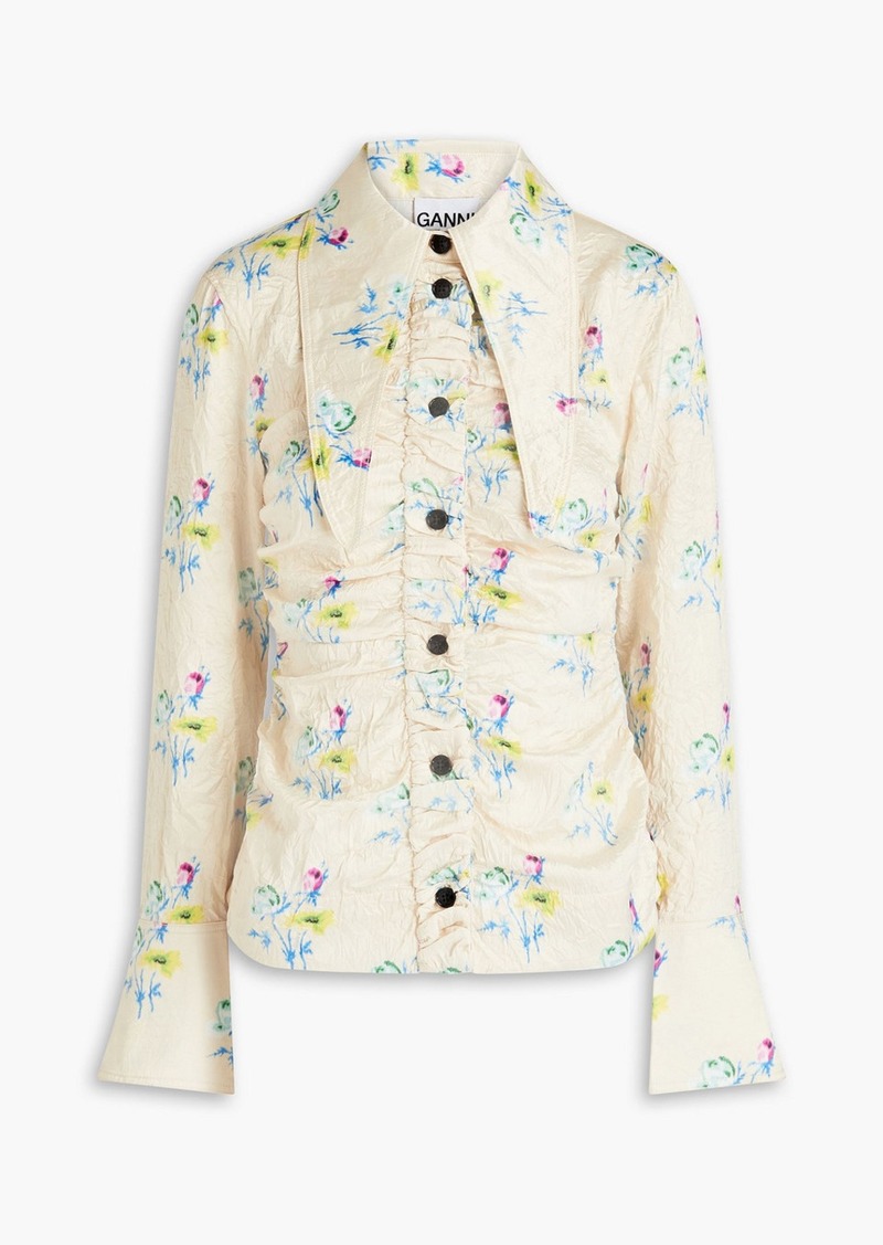 GANNI - Floral-print ruched crinkled-satin shirt - White - DE 32