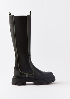 Ganni - Knee-high Chunky Leather Chelsea Boots - Womens - Black